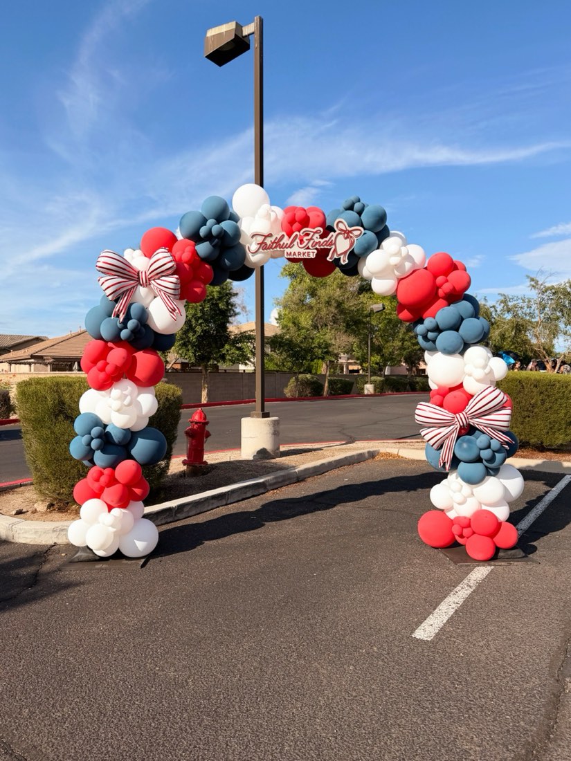 Faithful Finds Market red white and blue balloon arch grand opening by AZ Party Co.