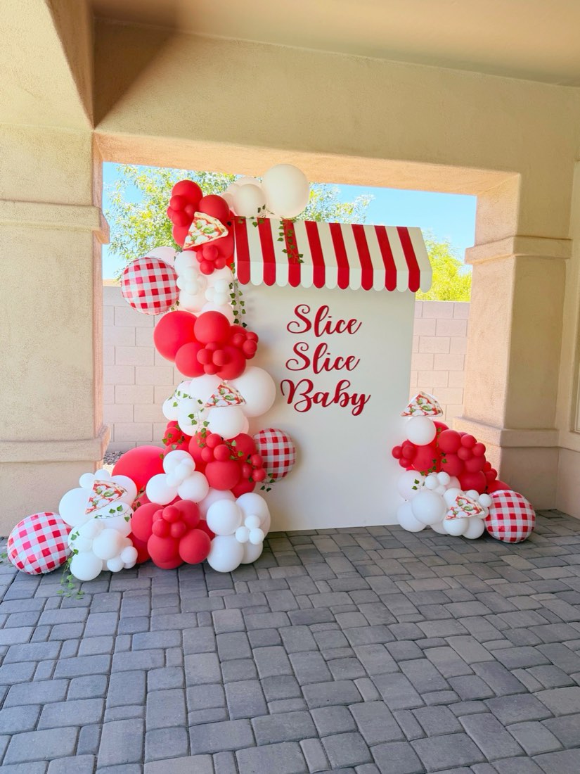 Slice Slice Baby pizza-themed baby shower balloon backdrop in red and white by AZ Party Co.